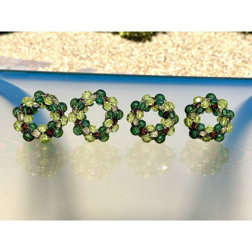 Set Of 4 Pier 1 Imports Green and Amber Faux Crystal Beaded Napkin Rings Round